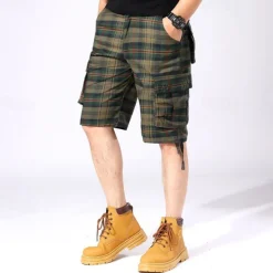 Men's Cargo Shorts Shorts Work Shorts Hiking Shorts Buttons Multi Pocket Plaid Wearable Knee Length Outdoor Daily Camping & Hiking Fashion Classic Green Khaki