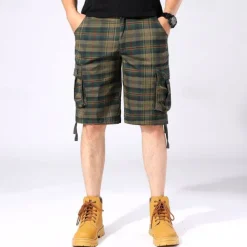 Men's Cargo Shorts Shorts Work Shorts Hiking Shorts Buttons Multi Pocket Plaid Wearable Knee Length Outdoor Daily Camping & Hiking Fashion Classic Green Khaki