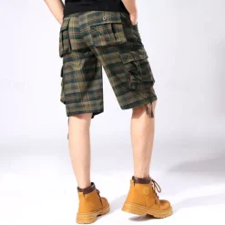 Men's Cargo Shorts Shorts Work Shorts Hiking Shorts Buttons Multi Pocket Plaid Wearable Knee Length Outdoor Daily Camping & Hiking Fashion Classic Green Khaki