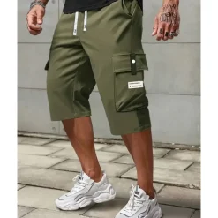 Men's Cargo Shorts Summer Shorts Capri shorts Drawstring Elastic Waist Multi Pocket Plain Comfort Wearable Calf-Length Outdoor Sport Daily Fashion Casual Black Khaki