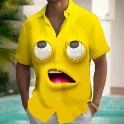 Men's Cartoon Funny Smile Face Shirt Summer Shirt Button Up Shirt Short Sleeve Fashion Casual Outdoor Vacation Dailywear Summer Spring Turndown 3D Print Collared Shirts Front One Pocket Yellow Blue