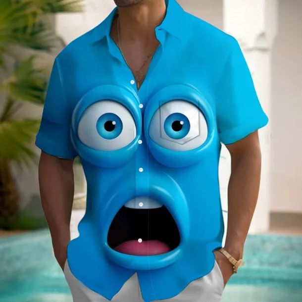 Men's Cartoon Funny Smile Face Shirt Summer Shirt Button Up Shirt Short Sleeve Fashion Casual Outdoor Vacation Dailywear Summer Spring Turndown 3D Print Collared Shirts Front One Pocket Yellow Blue