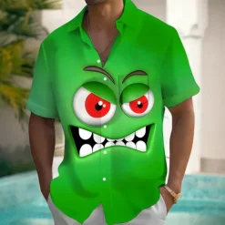 Men's Cartoon Funny Smile Face Shirt Summer Shirt Button Up Shirt Short Sleeve Fashion Casual Outdoor Vacation Dailywear Summer Spring Turndown 3D Print Collared Shirts Front One Pocket Yellow Blue