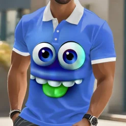Men's Cartoon Funny Smile Face Polo Short Sleeve Polo Shirts Lapel Ugly Casual Resort Outdoor Street Gift Athleisure 3D Print Buttons Summer Black Blue Purple