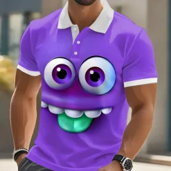 Men's Cartoon Funny Smile Face Polo Short Sleeve Polo Shirts Lapel Ugly Casual Resort Outdoor Street Gift Athleisure 3D Print Buttons Summer Black Blue Purple