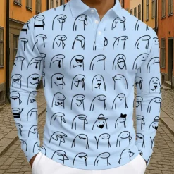 Men's Cartoon Polo Long Sleeve Polo Shirts Lapel Casual Athleisure Daily Wear 3D Print Buttons Spring Fall Winter Black White Light Green
