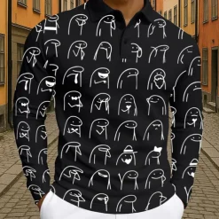 Men's Cartoon Polo Long Sleeve Polo Shirts Lapel Casual Athleisure Daily Wear 3D Print Buttons Spring Fall Winter Black White Light Green