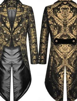 Men's Casual Blazer Black Gold Vampire Gothic Plus Size Jacket Showman Tuxedo Tailcoat Dress Frock Coat Steampunk Victorian