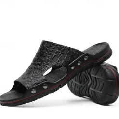 Men's Casual Brown Slide Sandals with Crocodile Pattern and Durable Rubber Sole – Comfortable Outdoor Footwear for Summer, Beach and Daily Wear