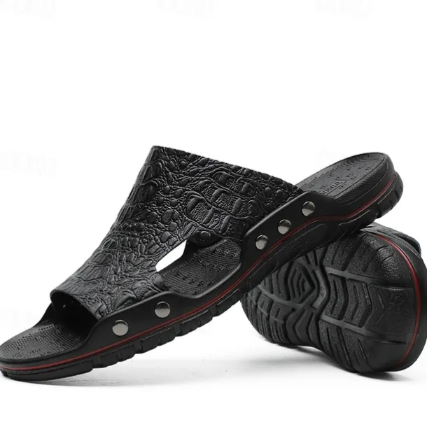 Men's Casual Brown Slide Sandals with Crocodile Pattern and Durable Rubber Sole – Comfortable Outdoor Footwear for Summer, Beach and Daily Wear
