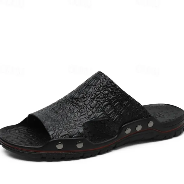 Men's Casual Brown Slide Sandals with Crocodile Pattern and Durable Rubber Sole – Comfortable Outdoor Footwear for Summer, Beach and Daily Wear