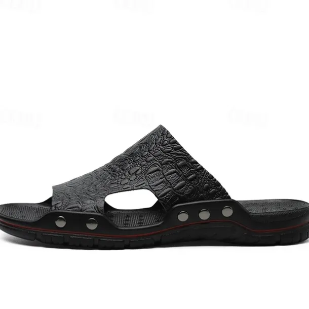 Men's Casual Brown Slide Sandals with Crocodile Pattern and Durable Rubber Sole – Comfortable Outdoor Footwear for Summer, Beach and Daily Wear