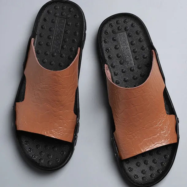 Men's Casual Brown Slide Sandals with Crocodile Pattern and Durable Rubber Sole – Comfortable Outdoor Footwear for Summer, Beach and Daily Wear
