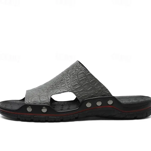 Men's Casual Brown Slide Sandals with Crocodile Pattern and Durable Rubber Sole – Comfortable Outdoor Footwear for Summer, Beach and Daily Wear