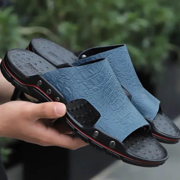 Men's Casual Brown Slide Sandals with Crocodile Pattern and Durable Rubber Sole – Comfortable Outdoor Footwear for Summer, Beach and Daily Wear