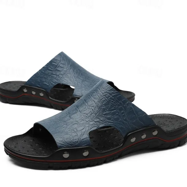 Men's Casual Brown Slide Sandals with Crocodile Pattern and Durable Rubber Sole – Comfortable Outdoor Footwear for Summer, Beach and Daily Wear