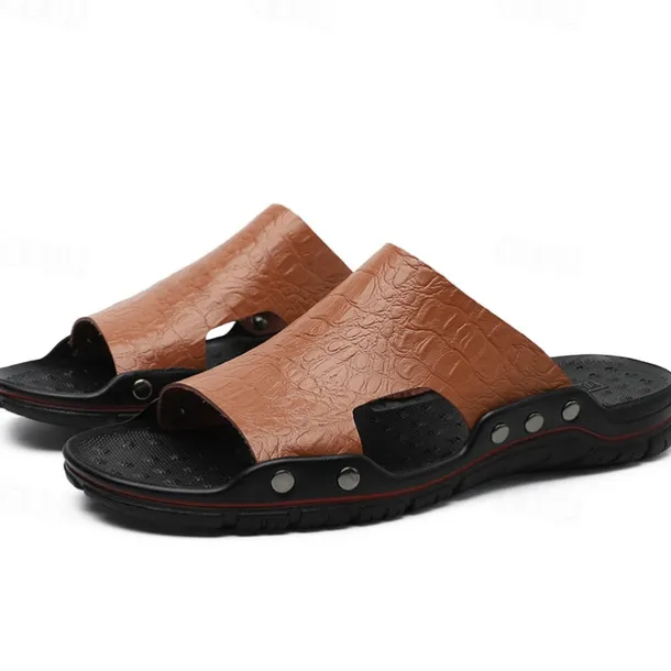 Men's Casual Brown Slide Sandals with Crocodile Pattern and Durable Rubber Sole – Comfortable Outdoor Footwear for Summer, Beach and Daily Wear