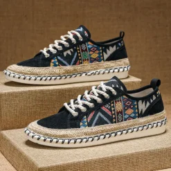 Men's Casual Canvas Sneakers with Tribal Print and Jute Rope Sole – Comfortable Everyday Footwear