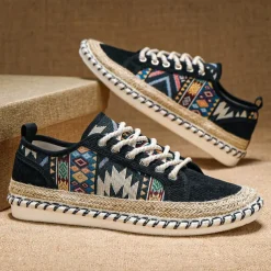Men's Casual Canvas Sneakers with Tribal Print and Jute Rope Sole – Comfortable Everyday Footwear