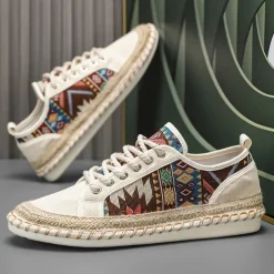 Men's Casual Canvas Sneakers with Tribal Print and Jute Rope Sole – Comfortable Everyday Footwear
