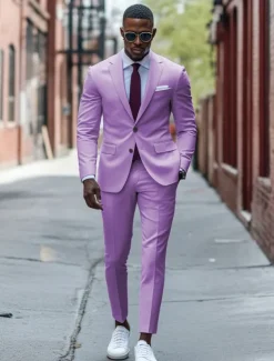 Men's Casual Fall Wedding Party Suits Notch Lapel Purple Fashion Formal Solid Colored Standard Fit 2 Piece Single Breasted Two-buttons