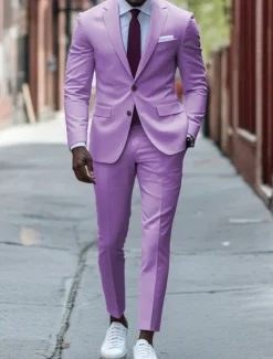 Men's Casual Fall Wedding Party Suits Notch Lapel Purple Fashion Formal Solid Colored Standard Fit 2 Piece Single Breasted Two-buttons