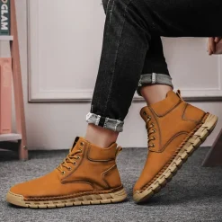 Men's Casual Faux Leather Ankle Boots - Lightweight Brown Lace-Up with Durable Flexible Sole for Outdoor and Everyday Wear