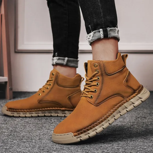 Men's Casual Faux Leather Ankle Boots - Lightweight Brown Lace-Up with Durable Flexible Sole for Outdoor and Everyday Wear