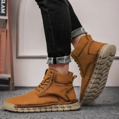 Men's Casual Faux Leather Ankle Boots - Lightweight Brown Lace-Up with Durable Flexible Sole for Outdoor and Everyday Wear