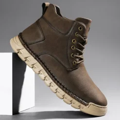 Men's Casual Faux Leather Ankle Boots - Lightweight Brown Lace-Up with Durable Flexible Sole for Outdoor and Everyday Wear