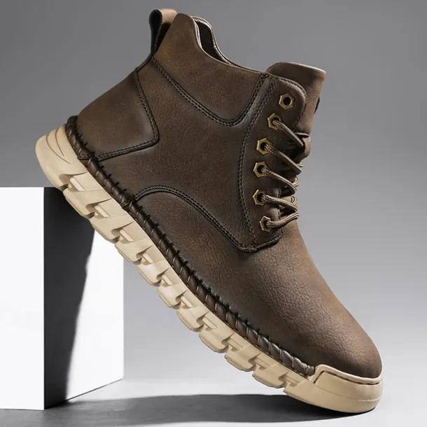 Men's Casual Faux Leather Ankle Boots - Lightweight Brown Lace-Up with Durable Flexible Sole for Outdoor and Everyday Wear