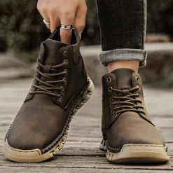 Men's Casual Faux Leather Ankle Boots - Lightweight Brown Lace-Up with Durable Flexible Sole for Outdoor and Everyday Wear