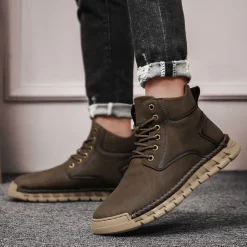 Men's Casual Faux Leather Ankle Boots - Lightweight Brown Lace-Up with Durable Flexible Sole for Outdoor and Everyday Wear