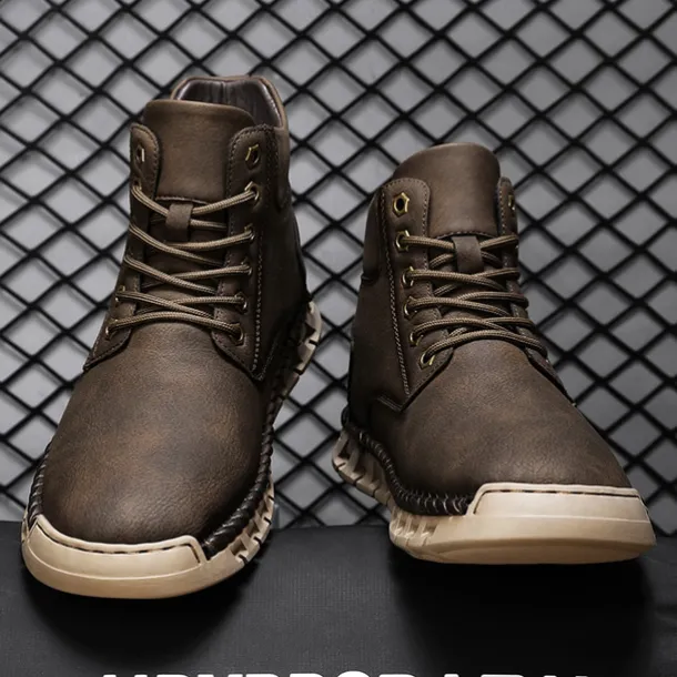 Men's Casual Faux Leather Ankle Boots - Lightweight Brown Lace-Up with Durable Flexible Sole for Outdoor and Everyday Wear