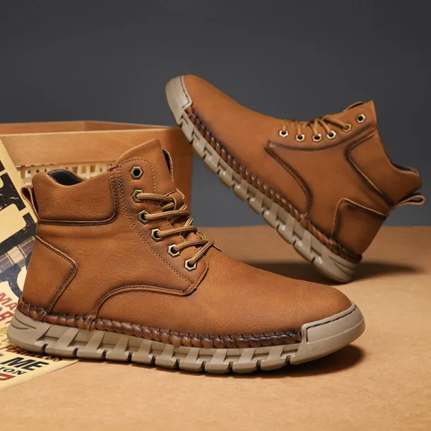 Men's Casual Faux Leather Ankle Boots - Lightweight Brown Lace-Up with Durable Flexible Sole for Outdoor and Everyday Wear