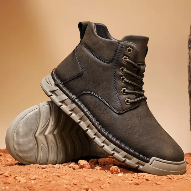 Men's Casual Faux Leather Ankle Boots - Lightweight Brown Lace-Up with Durable Flexible Sole for Outdoor and Everyday Wear