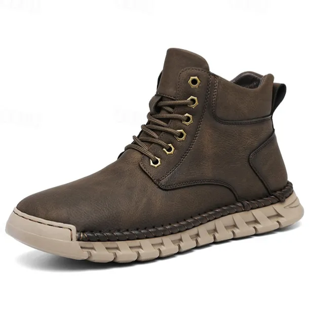 Men's Casual Faux Leather Ankle Boots - Lightweight Brown Lace-Up with Durable Flexible Sole for Outdoor and Everyday Wear
