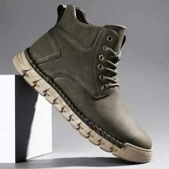 Men's Casual Faux Leather Ankle Boots - Lightweight Brown Lace-Up with Durable Flexible Sole for Outdoor and Everyday Wear