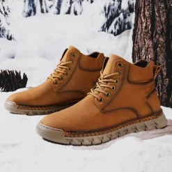 Men's Casual Faux Leather Ankle Boots - Lightweight Brown Lace-Up with Durable Flexible Sole for Outdoor and Everyday Wear