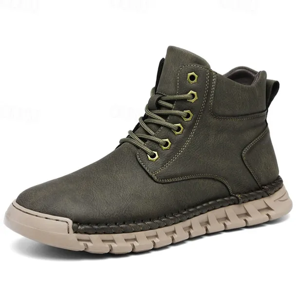 Men's Casual Faux Leather Ankle Boots - Lightweight Brown Lace-Up with Durable Flexible Sole for Outdoor and Everyday Wear