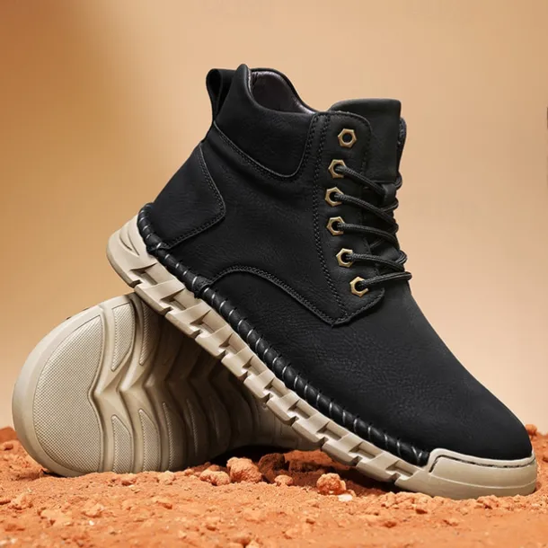 Men's Casual Faux Leather Ankle Boots - Lightweight Brown Lace-Up with Durable Flexible Sole for Outdoor and Everyday Wear