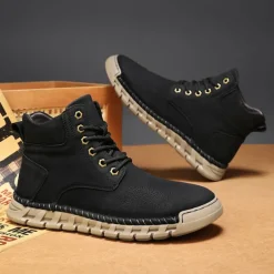 Men's Casual Faux Leather Ankle Boots - Lightweight Brown Lace-Up with Durable Flexible Sole for Outdoor and Everyday Wear