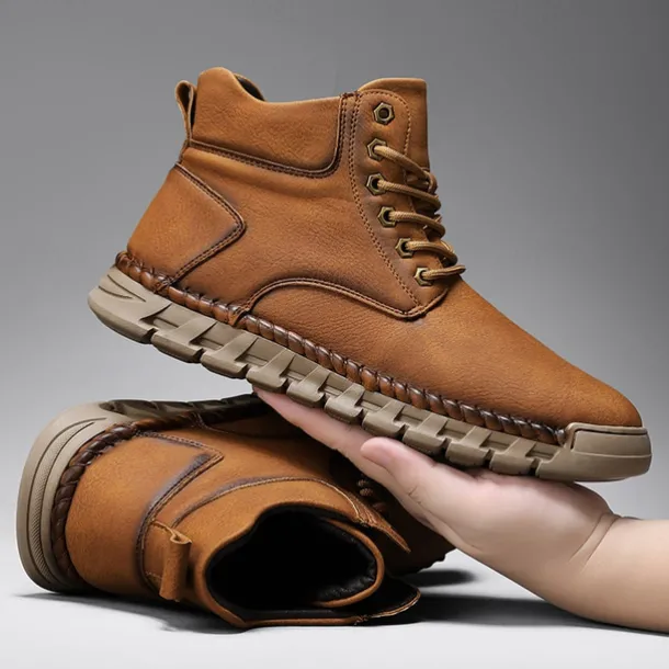 Men's Casual Faux Leather Ankle Boots - Lightweight Brown Lace-Up with Durable Flexible Sole for Outdoor and Everyday Wear