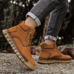 Men's Casual Faux Leather Ankle Boots - Lightweight Brown Lace-Up with Durable Flexible Sole for Outdoor and Everyday Wear