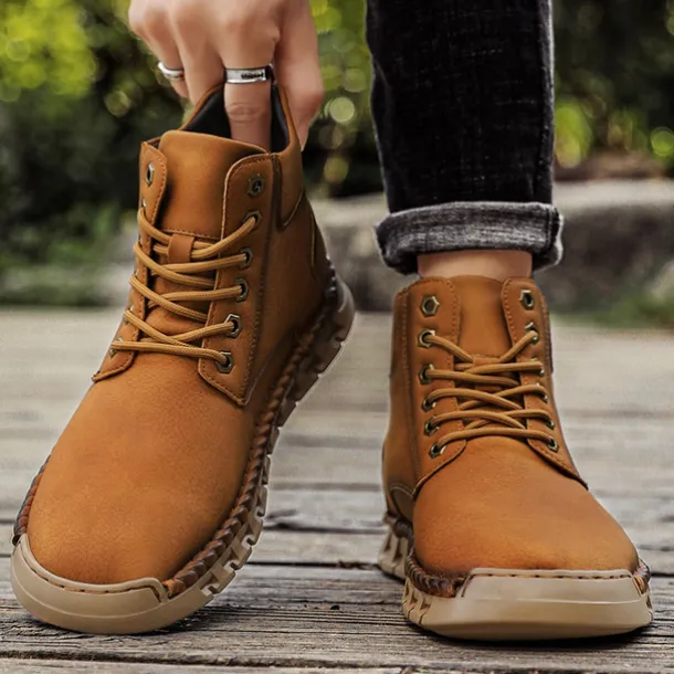 Men's Casual Faux Leather Ankle Boots - Lightweight Brown Lace-Up with Durable Flexible Sole for Outdoor and Everyday Wear