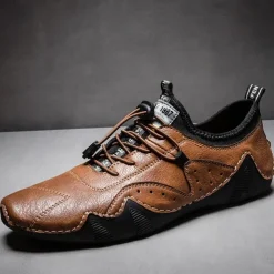 Men's Casual Faux Leather Sneakers – Lightweight Breathable Lace-Up Shoes, Stylish Non-Slip Walking Footwear for Daily Wear & Outdoor Activities