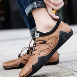 Men's Casual Faux Leather Sneakers – Lightweight Breathable Lace-Up Shoes, Stylish Non-Slip Walking Footwear for Daily Wear & Outdoor Activities