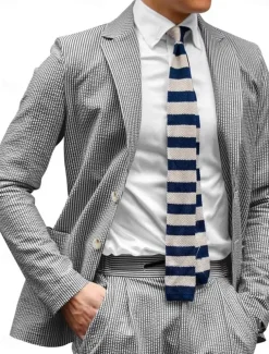 Men's Casual Homecoming Suits Notch Lapel Black Sky Blue Daily Lightweight Striped Standard Fit 2 Piece Single Breasted Two-buttons