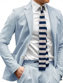 Men's Casual Homecoming Suits Notch Lapel Black Sky Blue Daily Lightweight Striped Standard Fit 2 Piece Single Breasted Two-buttons