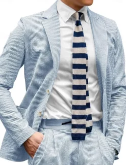 Men's Casual Homecoming Suits Notch Lapel Black Sky Blue Daily Lightweight Striped Standard Fit 2 Piece Single Breasted Two-buttons